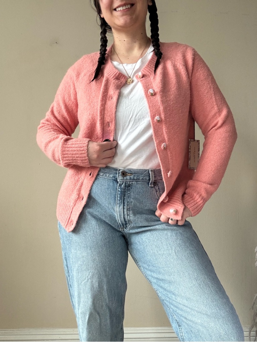 NWT Laura Ashley Pink Button-Front Cozy Cardigan Sweater